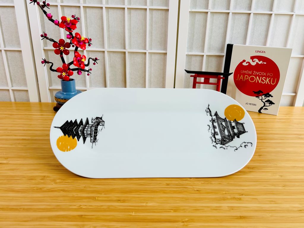 Porcelain Sushi Tray "Japanese Castle and Pagoda" 40x20 cm