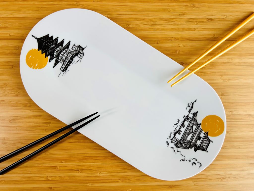 Porcelain Sushi Tray "Japanese Castle and Pagoda" 40x20 cm