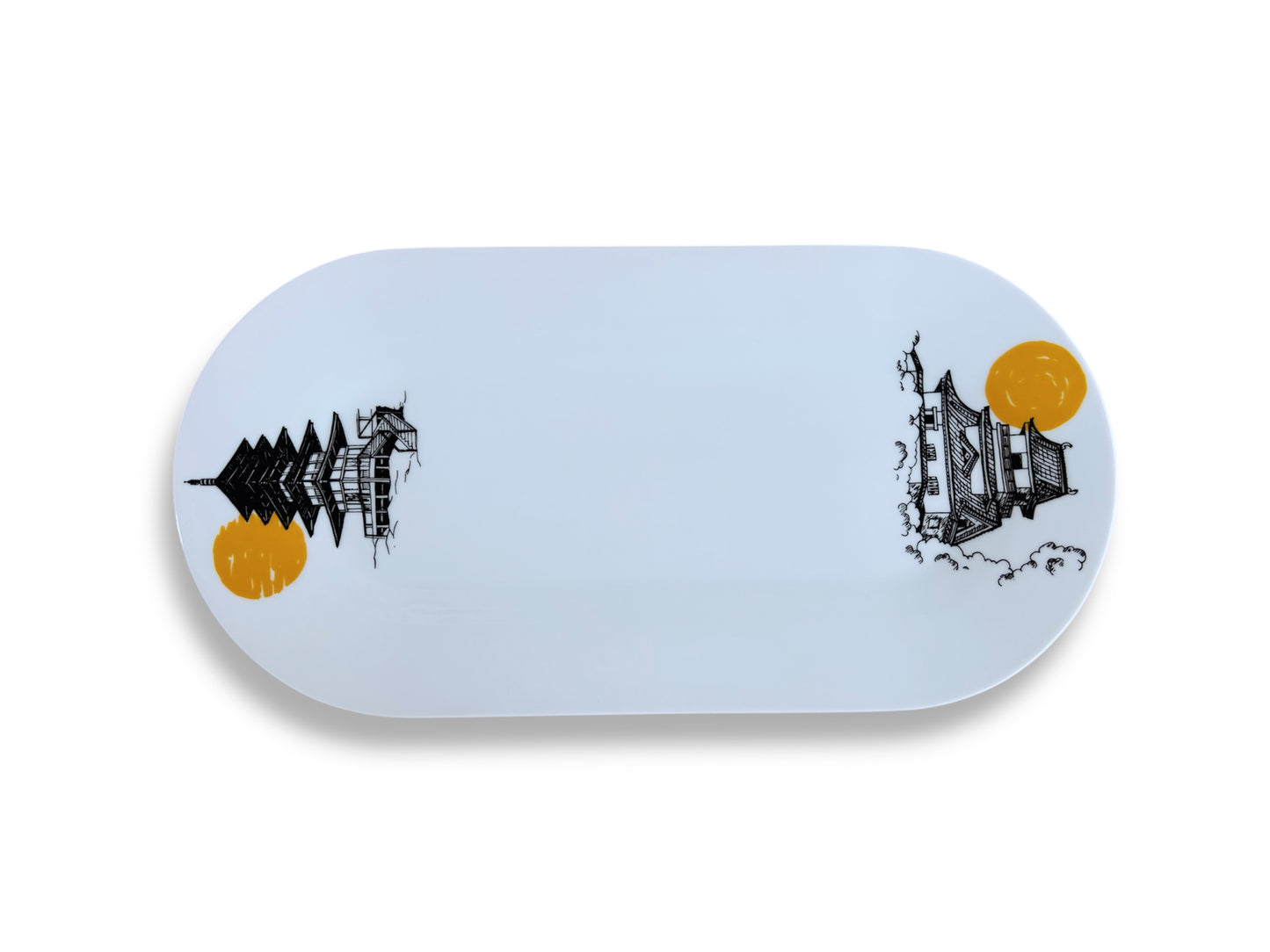 Porcelain Sushi Tray "Japanese Castle and Pagoda" 40x20 cm