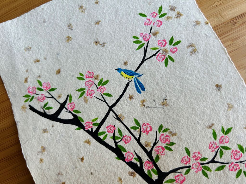 Picture "Little bird on a cherry blossom branch" for framing, original on handmade paper A5