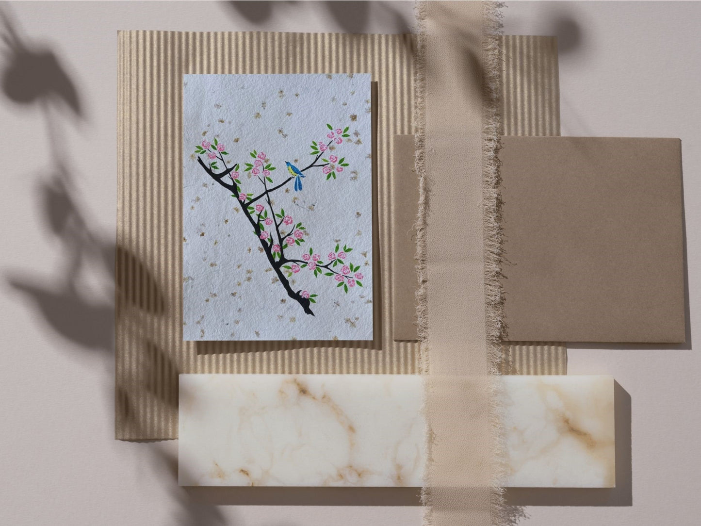 Picture "Little bird on a cherry blossom branch" for framing, original on handmade paper A5