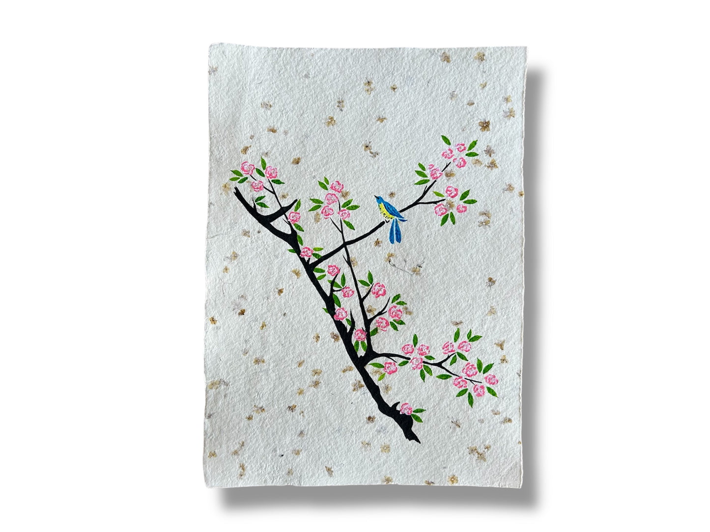 Picture "Little bird on a cherry blossom branch" for framing, original on handmade paper A5