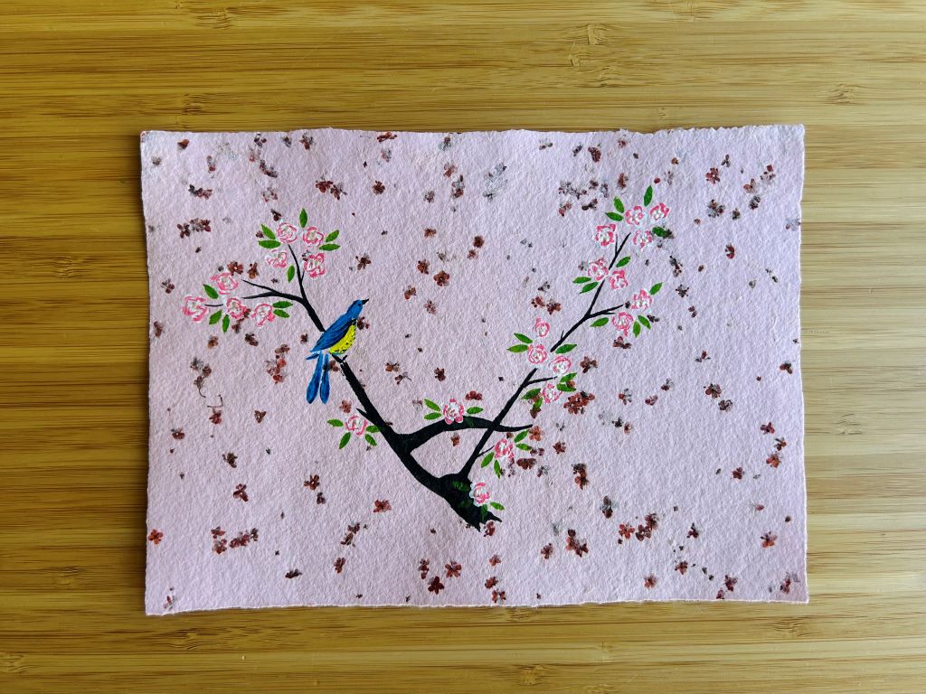 Picture "Little bird on a cherry blossom branch" for framing, original on handmade paper A5