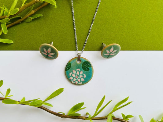 "Lotus Pond" ceramic jewelry set - necklace and earrings