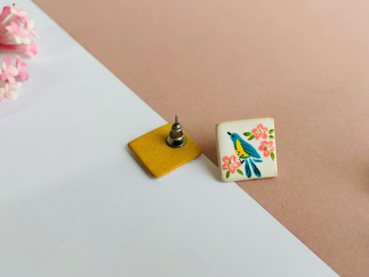 ceramic earrings "Bird on a Sakura Tree"