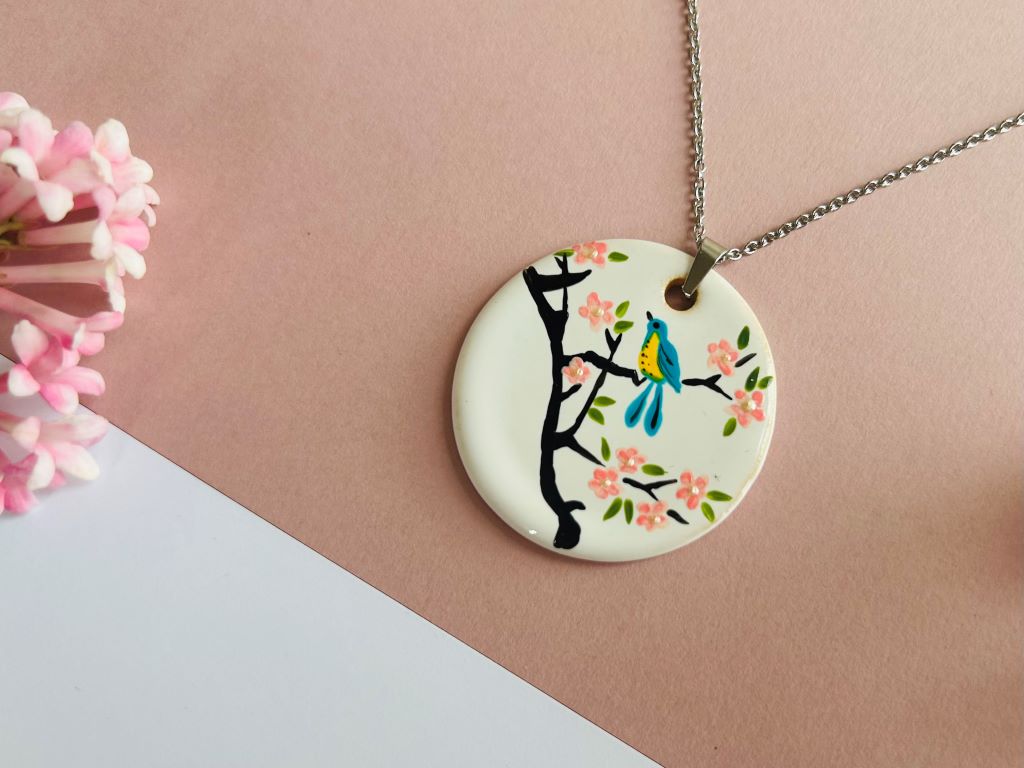 Ceramic necklace "Bird on a Cherry Blossom"