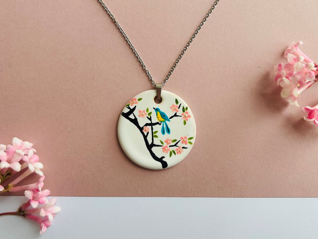 Ceramic necklace "Bird on a Cherry Blossom"