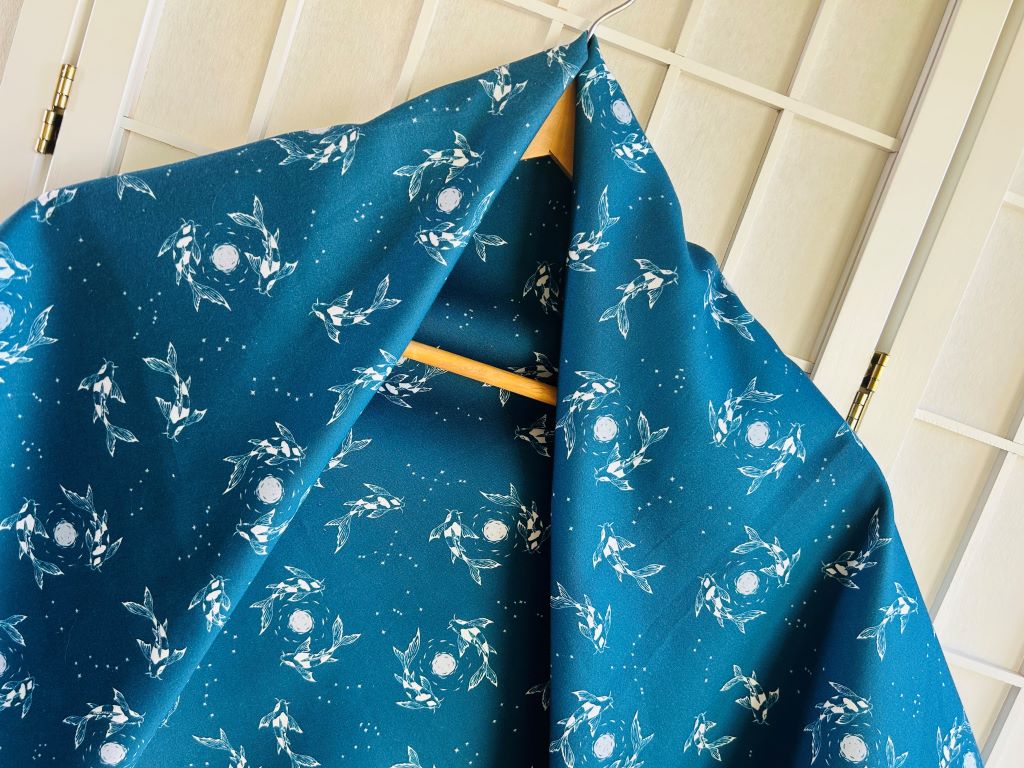 large scarf "Lake Jewels or Koi Carp with Moon" 100x100 cm