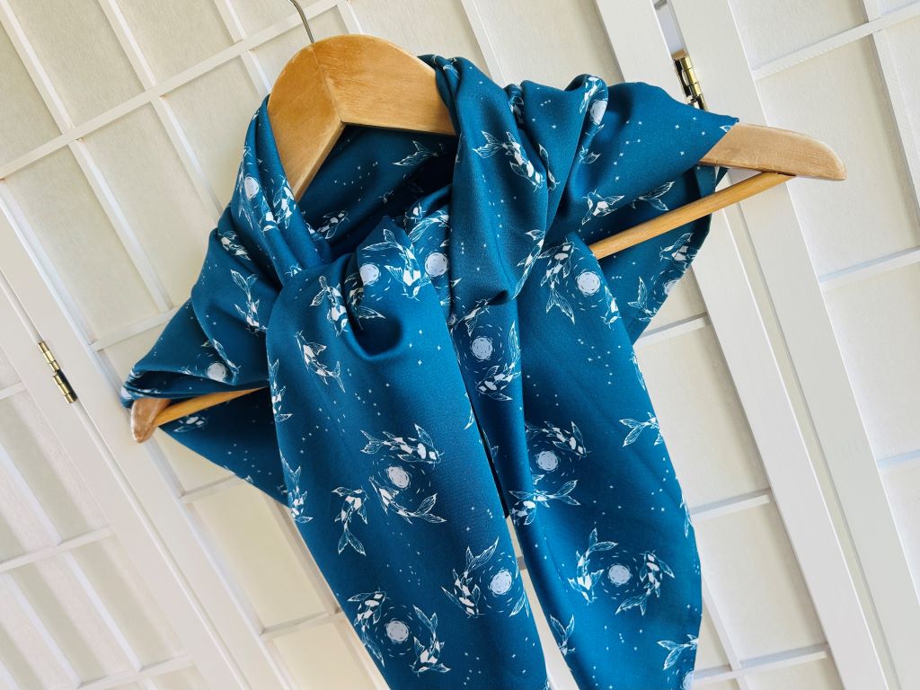large scarf "Lake Jewels or Koi Carp with Moon" 100x100 cm
