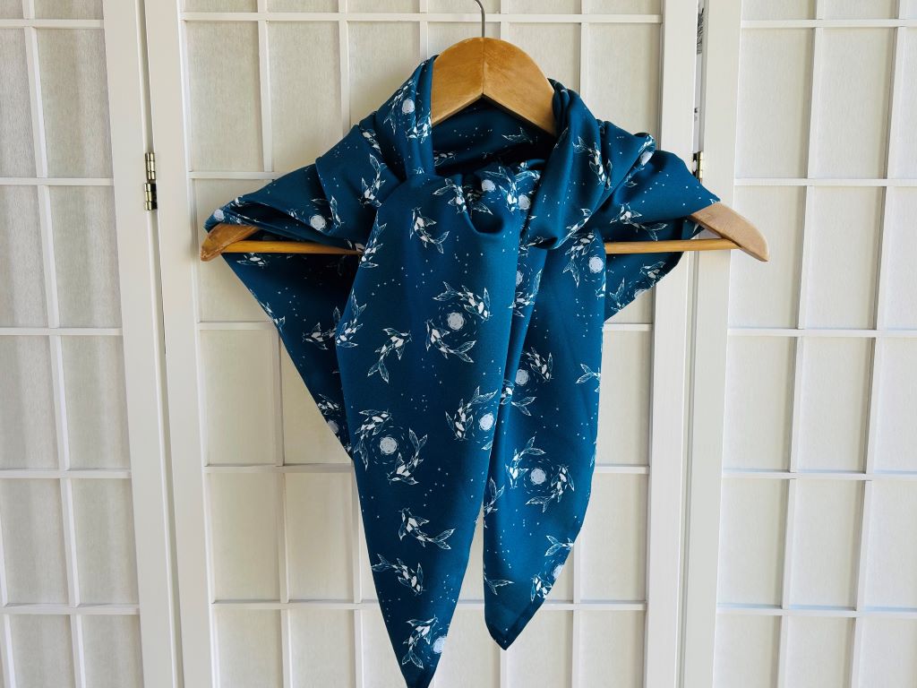 large scarf "Lake Jewels or Koi Carp with Moon" 100x100 cm
