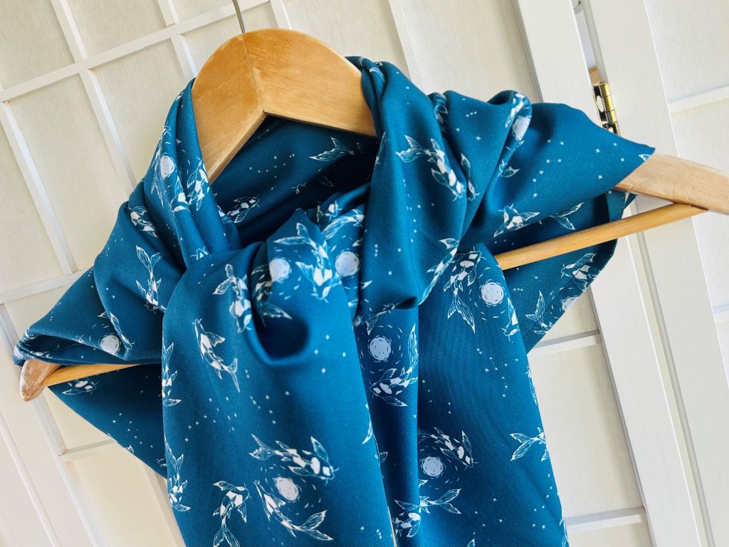 large scarf "Lake Jewels or Koi Carp with Moon" 100x100 cm