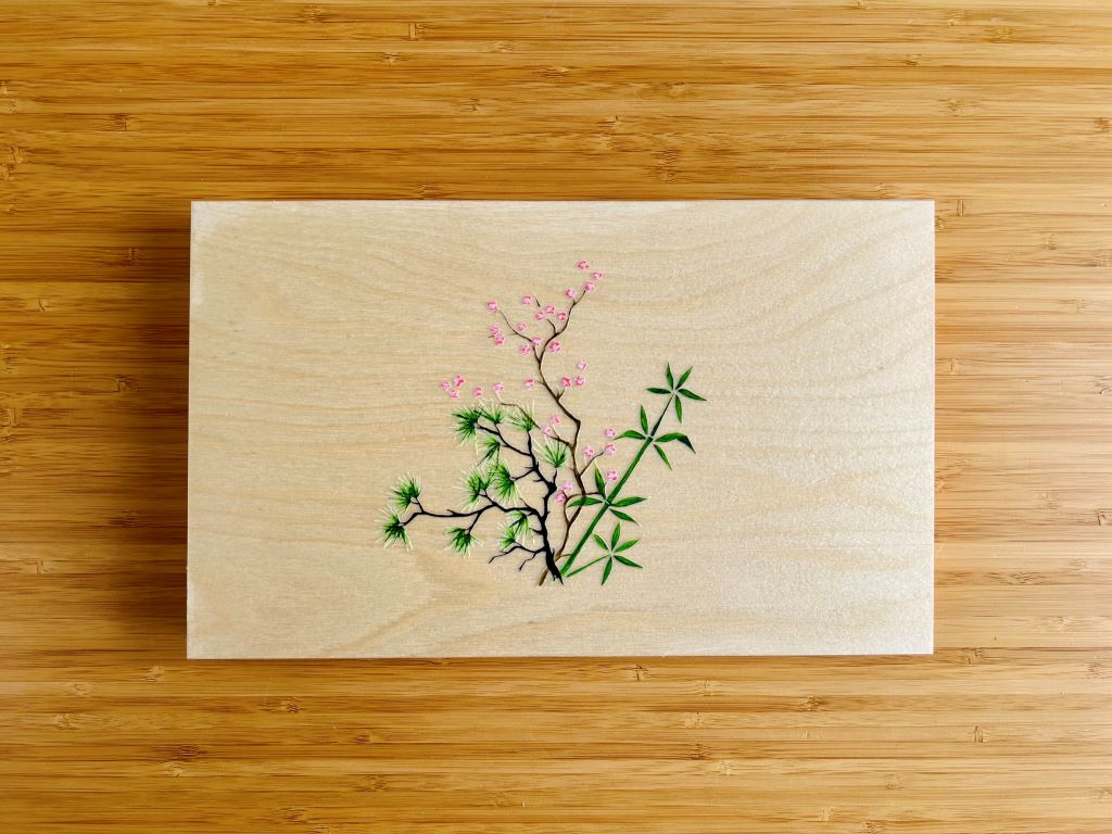 wooden box "Three Friends of Winter" for chopsticks and rests