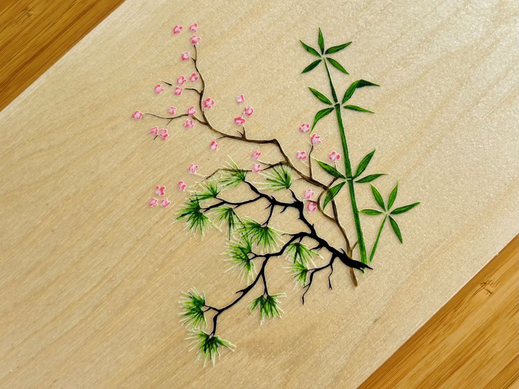 wooden box "Three Friends of Winter" for chopsticks and rests