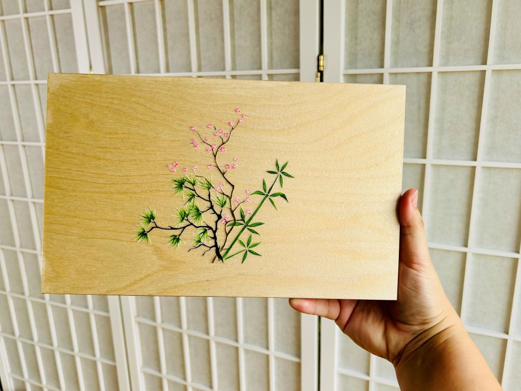 wooden box "Three Friends of Winter" for chopsticks and rests
