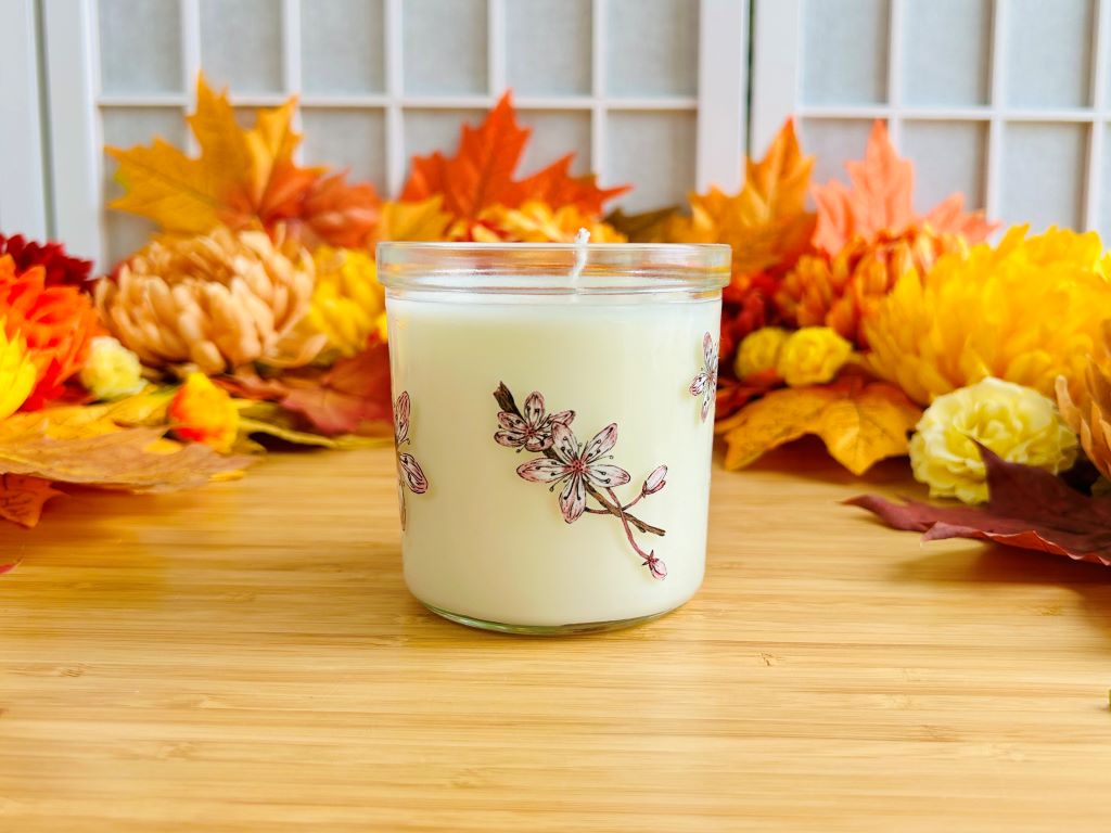 Kerze im Glas „Vögelchen auf Kirschblüte“ groß