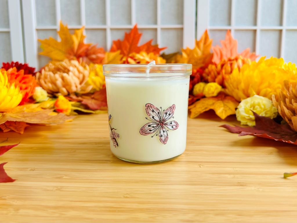 Kerze im Glas „Vögelchen auf Kirschblüte“ groß