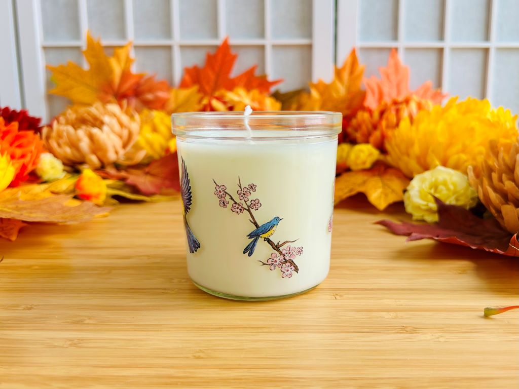 Kerze im Glas „Vögelchen auf Kirschblüte“ groß
