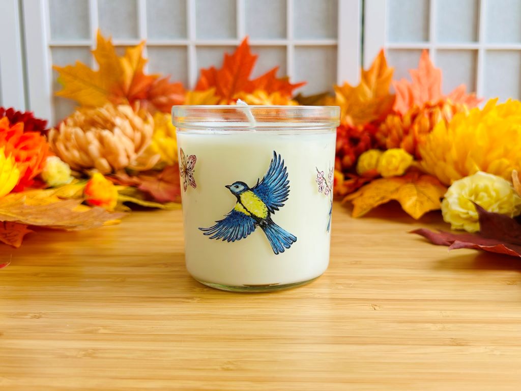 Kerze im Glas „Vögelchen auf Kirschblüte“ groß
