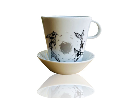 Mug with saucer + spoon set "Lake Jewels or Koi Carp with Moon"