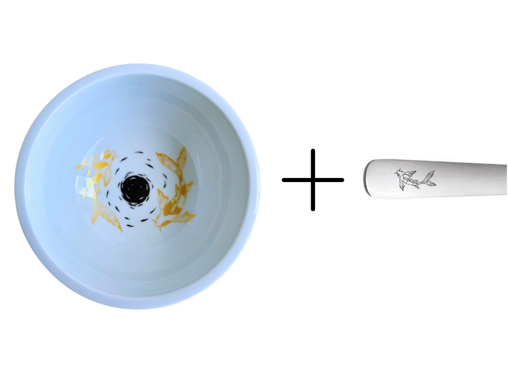 large bowl + spoon set "Lake Gems or Koi Carp with Moon"