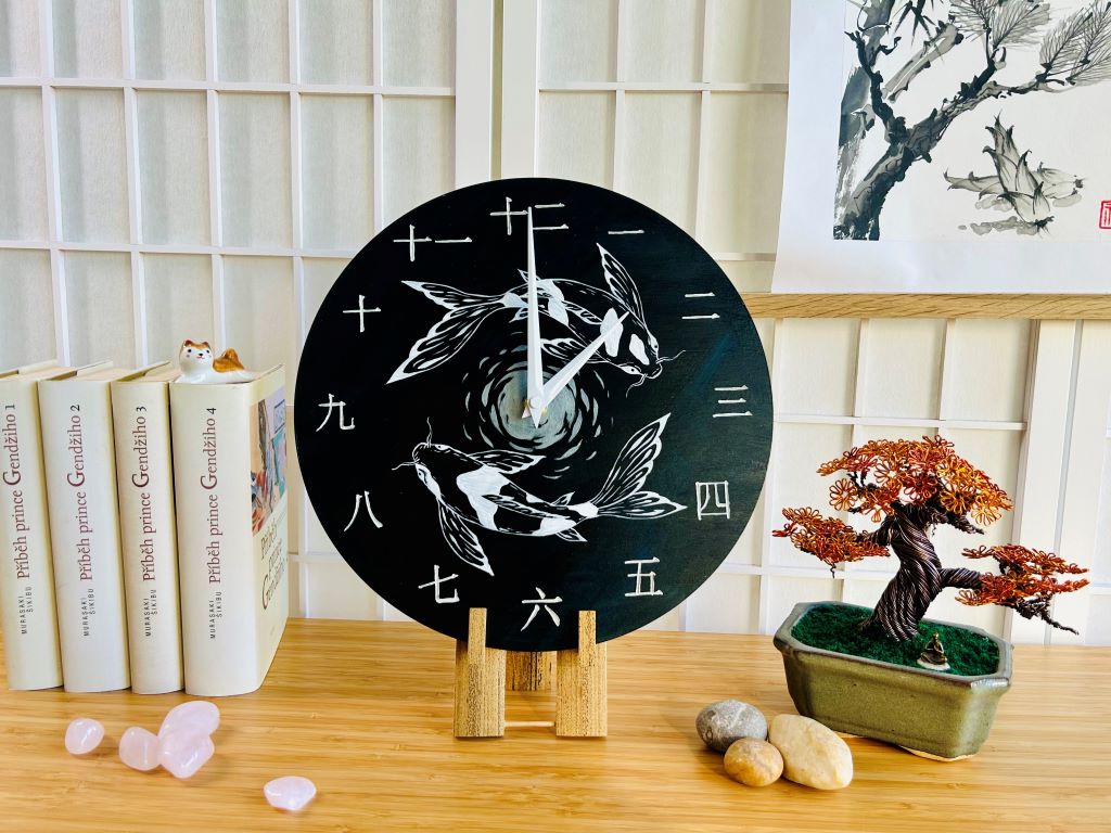 Luxury wooden clock "Lake Gems or Koi Carps with Moon" 29 cm