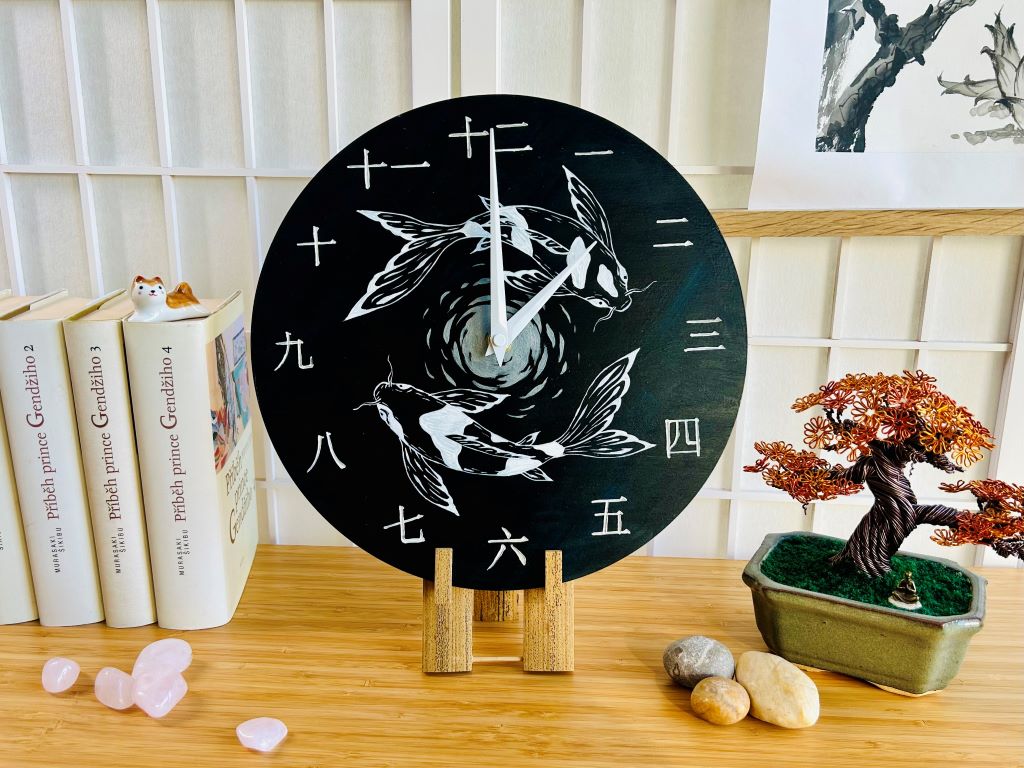 Luxury wooden clock "Lake Gems or Koi Carps with Moon" 29 cm