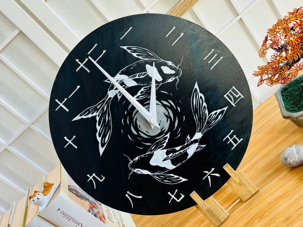 Luxury wooden clock "Lake Gems or Koi Carps with Moon" 29 cm