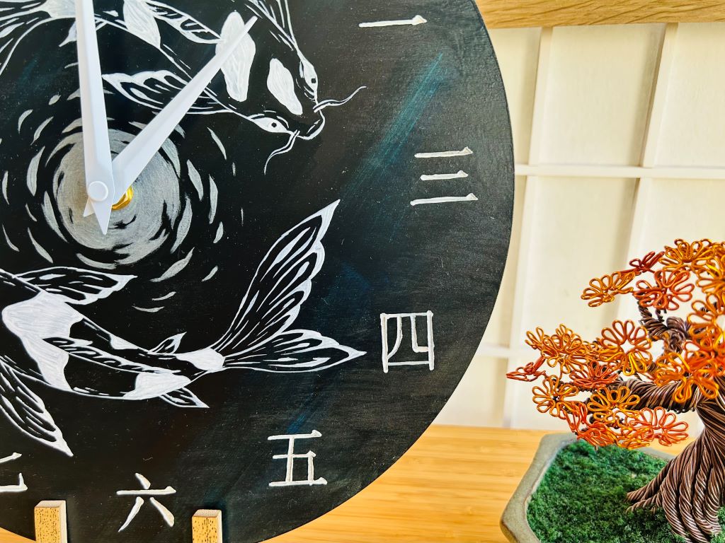 Luxury wooden clock "Lake Gems or Koi Carps with Moon" 29 cm
