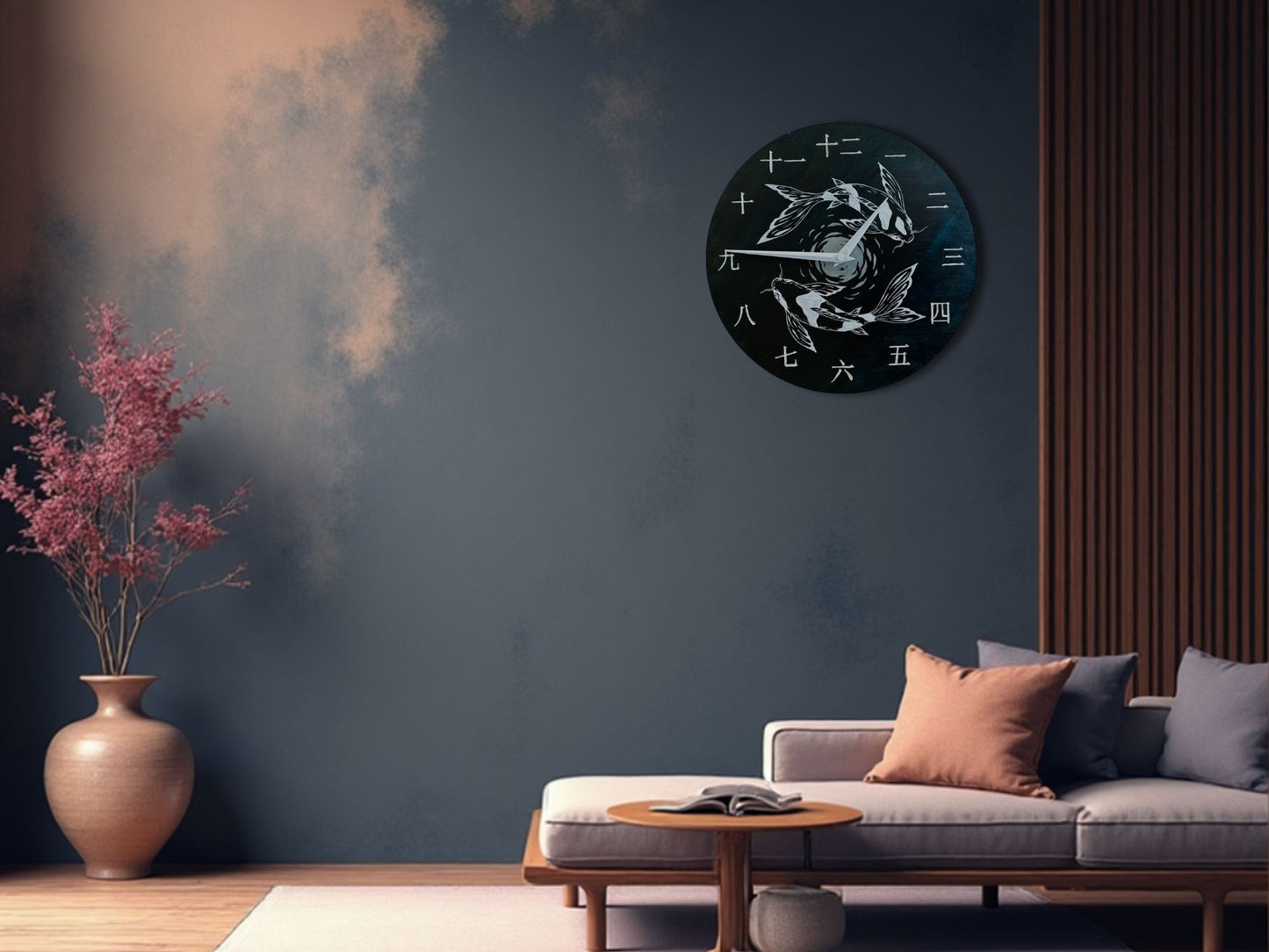 Luxury wooden clock "Lake Gems or Koi Carps with Moon" 29 cm