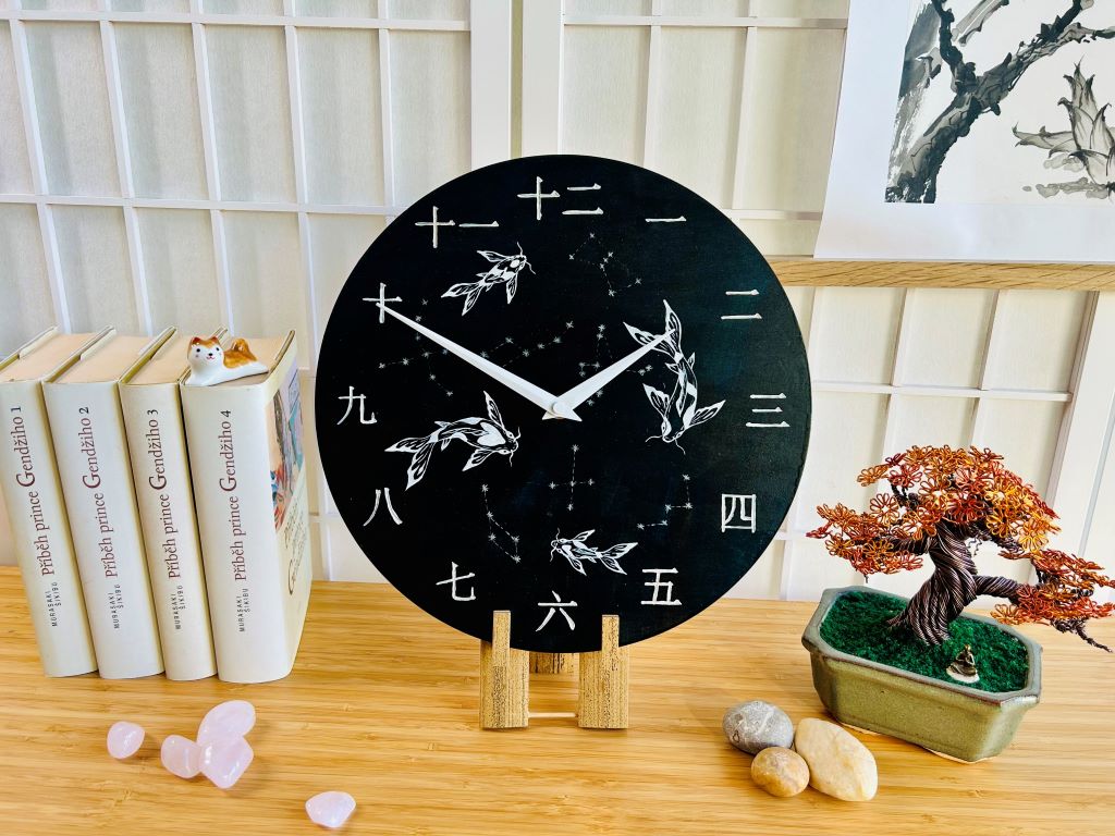 Luxury Wooden Clock "Lake Jewels or Koi Carp with Stars" 29 cm