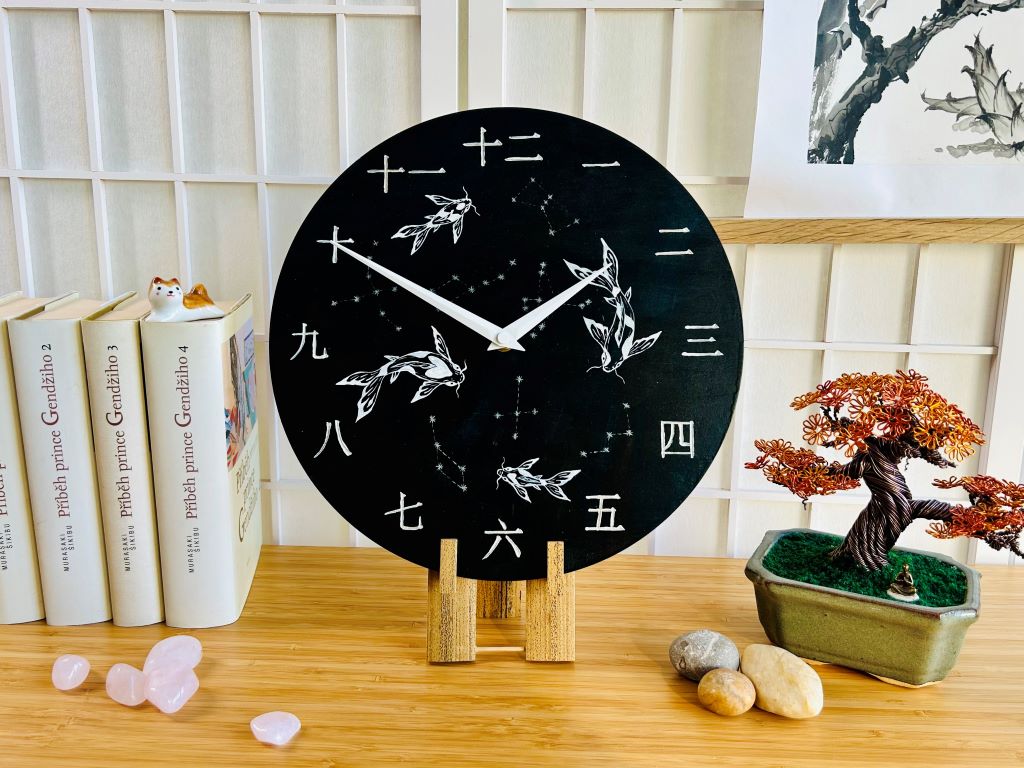 Luxury Wooden Clock "Lake Jewels or Koi Carp with Stars" 29 cm