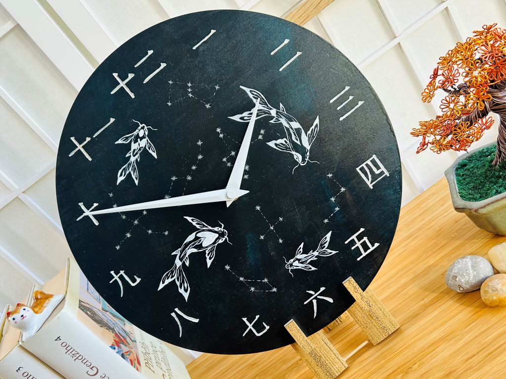 Luxury Wooden Clock "Lake Jewels or Koi Carp with Stars" 29 cm