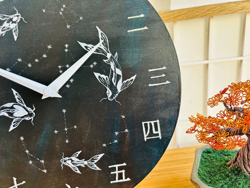 Luxury Wooden Clock "Lake Jewels or Koi Carp with Stars" 29 cm