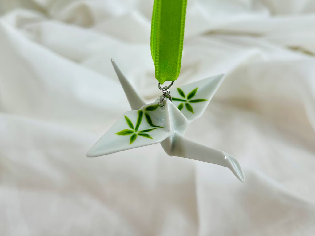 Porcelain origami crane "Bamboo Grove" hanging