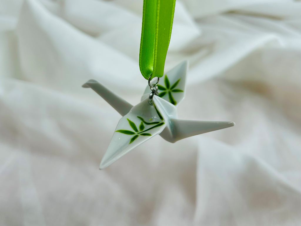 Porcelain origami crane "Bamboo Grove" hanging