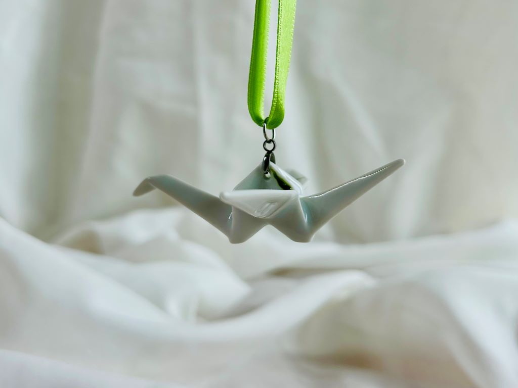Porcelain origami crane "Bamboo Grove" hanging