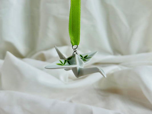 Porcelain origami crane "Bamboo Grove" hanging