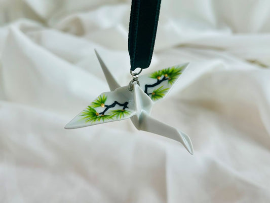 Porcelain origami crane "Long-lived Pine" hanging