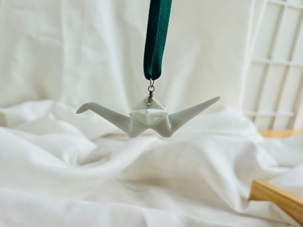 Porcelain origami crane "Long-lived Pine" hanging