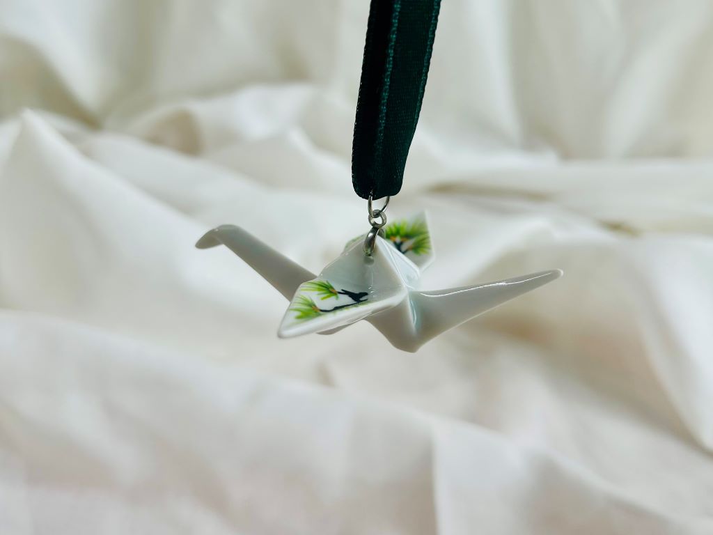Porcelain origami crane "Long-lived Pine" hanging