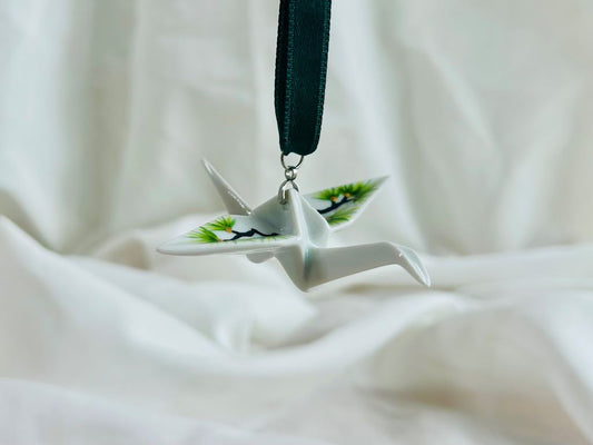 Porcelain origami crane "Long-lived Pine" hanging