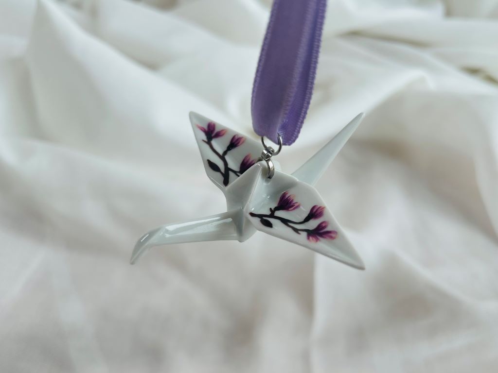 porcelain origami crane "Scent of a Spring Dream" hanging
