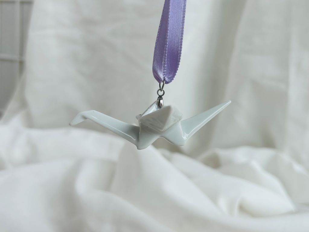 porcelain origami crane "Scent of a Spring Dream" hanging