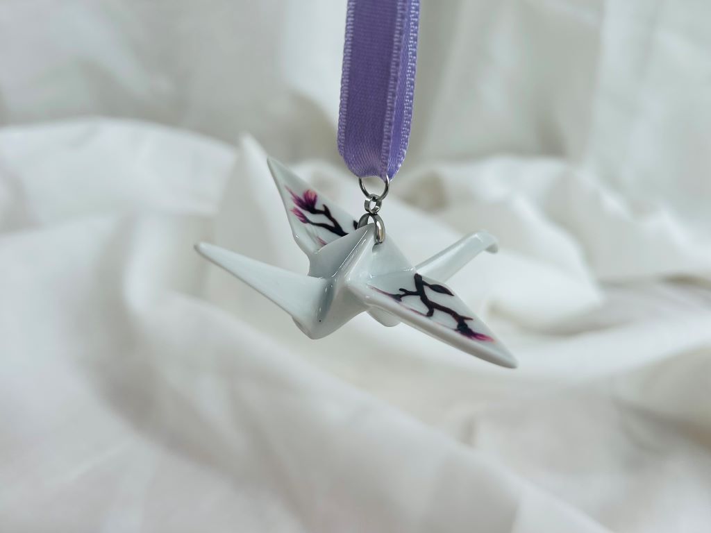 porcelain origami crane "Scent of a Spring Dream" hanging