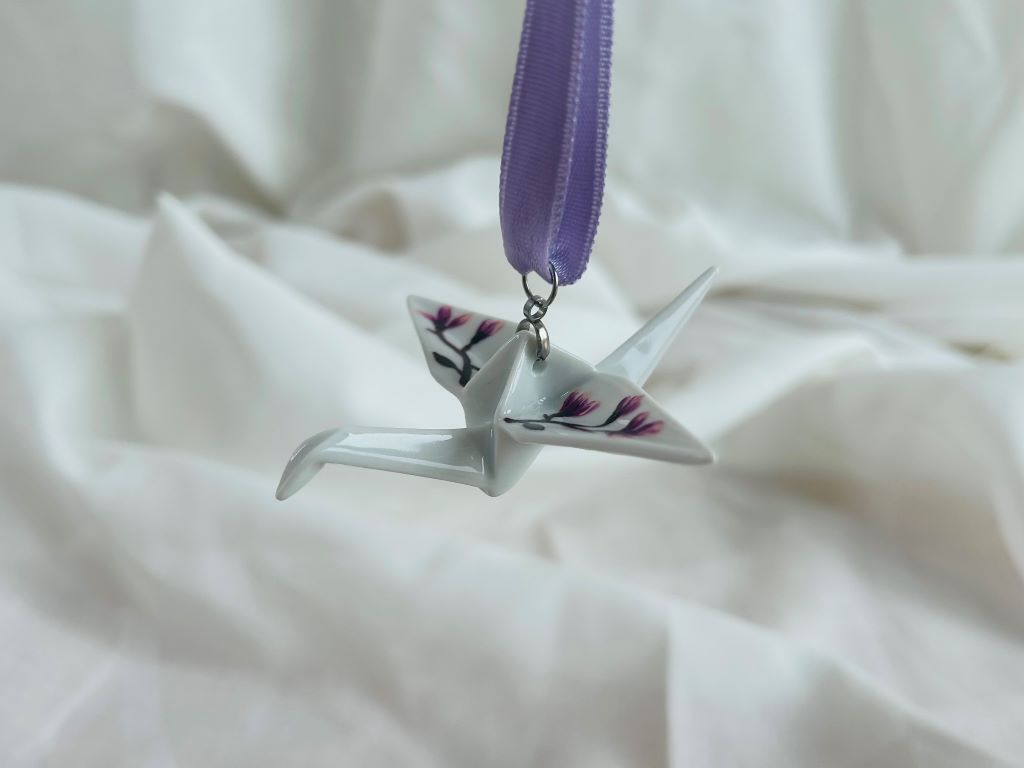 porcelain origami crane "Scent of a Spring Dream" hanging