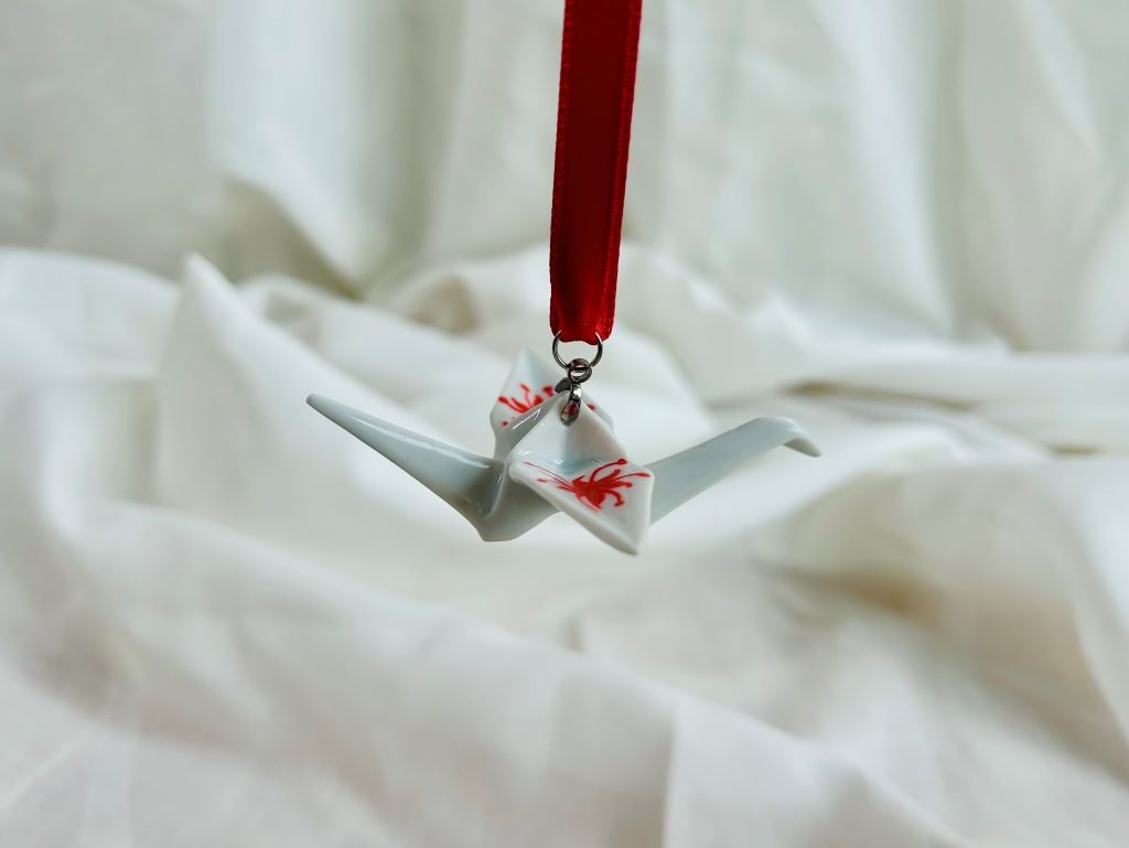 porcelain origami crane "Spider Lily" hanging