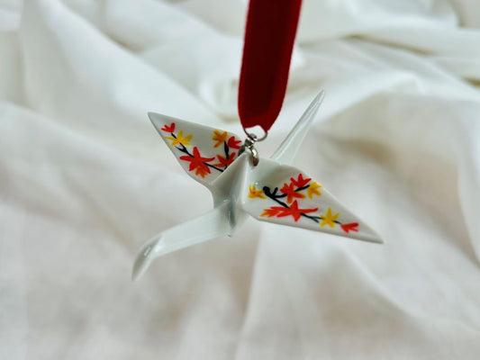 porcelain origami crane "Autumn Evening" hanging ornament