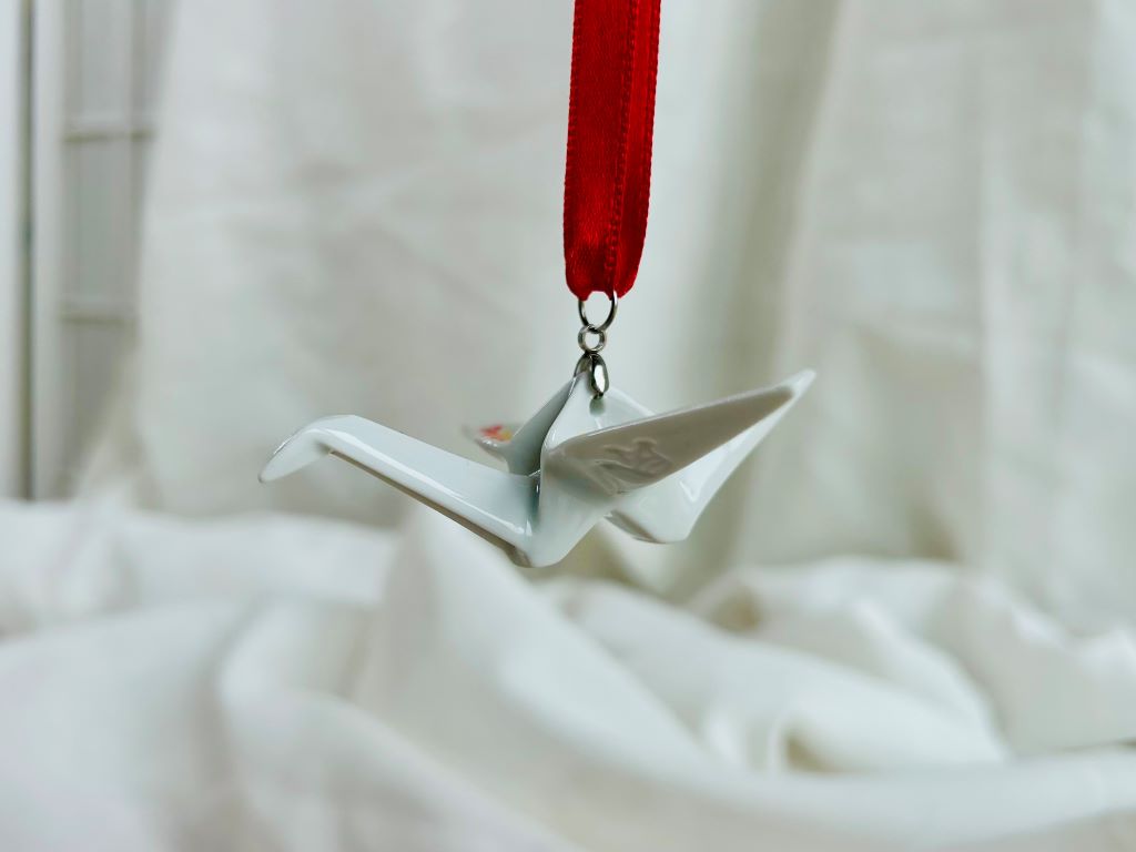 porcelain origami crane "Autumn Evening" hanging ornament