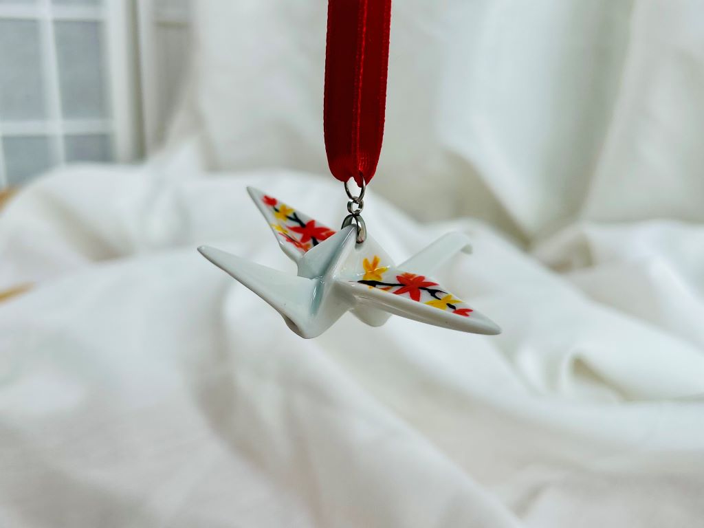 porcelain origami crane "Autumn Evening" hanging ornament