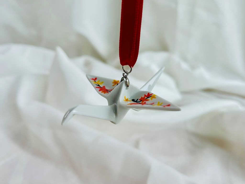 porcelain origami crane "Autumn Evening" hanging ornament